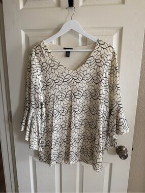 Alfani Cream and Black Floral V-Neck Bell Sleeve Blouse
